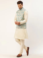 Thumbnail for Jompers Men's Solid Kurta Pyjama With Blue Floral Embroidered Nehru Jacket - Distacart