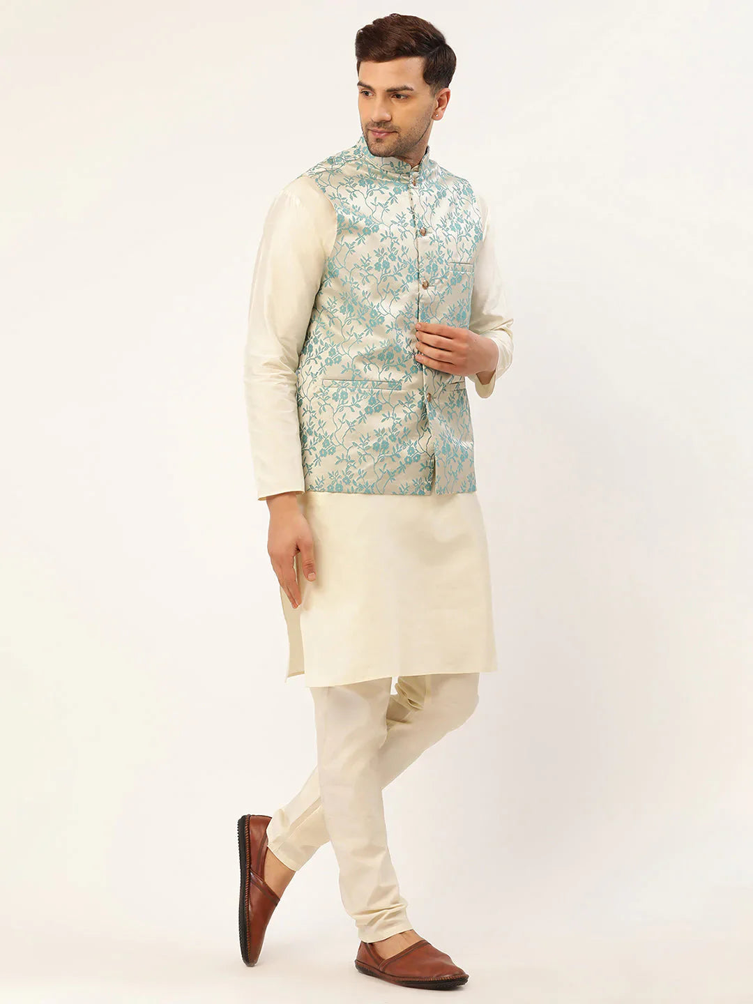 Jompers Men's Solid Kurta Pyjama With Blue Floral Embroidered Nehru Jacket - Distacart