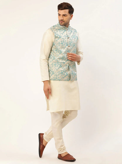 Jompers Men's Solid Kurta Pyjama With Blue Floral Embroidered Nehru Jacket - Distacart