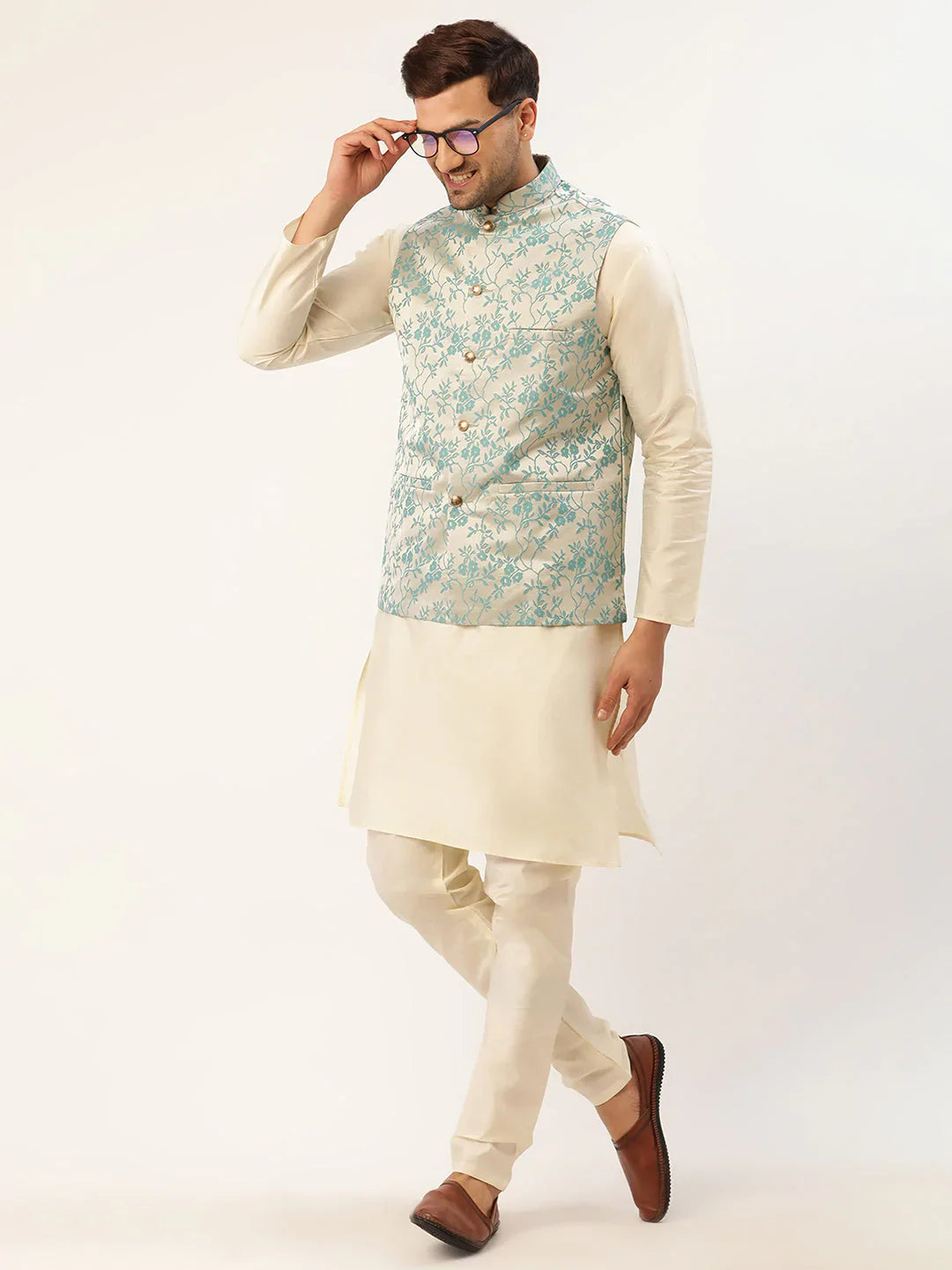 Jompers Men's Solid Kurta Pyjama With Blue Floral Embroidered Nehru Jacket - Distacart