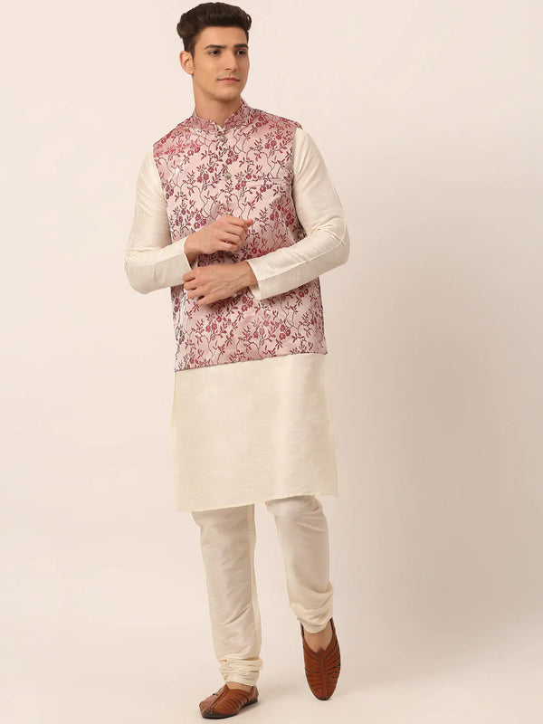 Jompers Men's Solid Kurta Pyjama With Maroon Floral Embroidered Nehru Jacket - Distacart