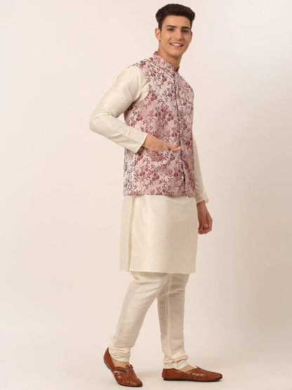 Jompers Men's Solid Kurta Pyjama With Maroon Floral Embroidered Nehru Jacket - Distacart