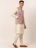 Thumbnail for Jompers Men's Solid Kurta Pyjama With Maroon Floral Embroidered Nehru Jacket - Distacart