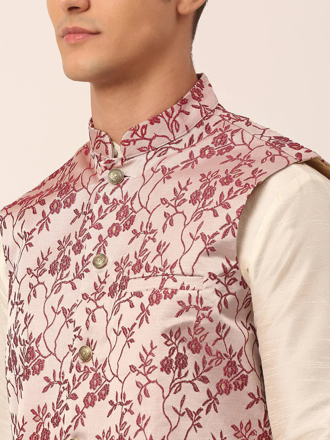 Jompers Men's Solid Kurta Pyjama With Maroon Floral Embroidered Nehru Jacket - Distacart
