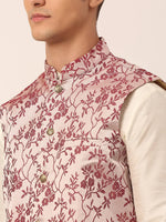 Thumbnail for Jompers Men's Solid Kurta Pyjama With Maroon Floral Embroidered Nehru Jacket - Distacart