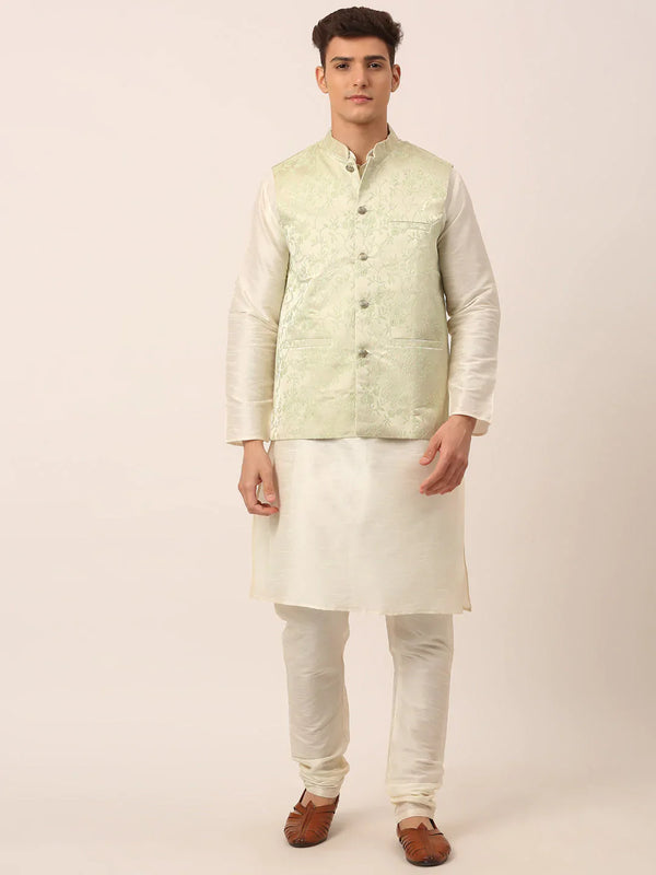 Jompers Men's Solid Kurta Pyjama With Pista Green Floral Embroidered Nehru Jacket - Distacart