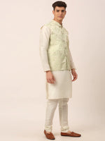 Thumbnail for Jompers Men's Solid Kurta Pyjama With Pista Green Floral Embroidered Nehru Jacket - Distacart