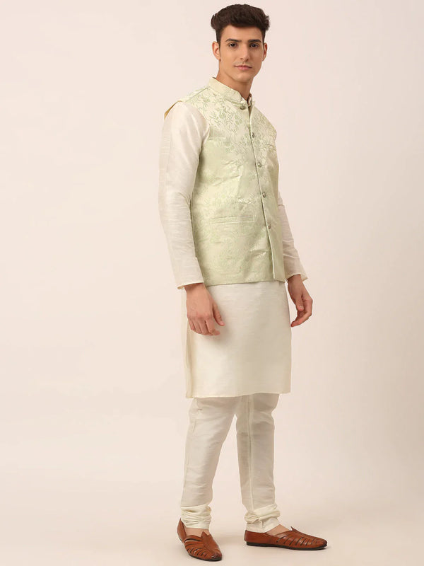 Jompers Men's Solid Kurta Pyjama With Pista Green Floral Embroidered Nehru Jacket - Distacart