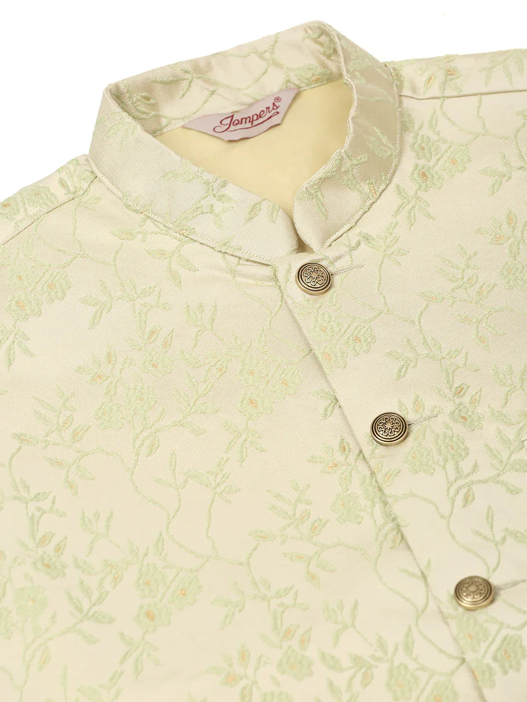 Jompers Men's Solid Kurta Pyjama With Pista Green Floral Embroidered Nehru Jacket - Distacart