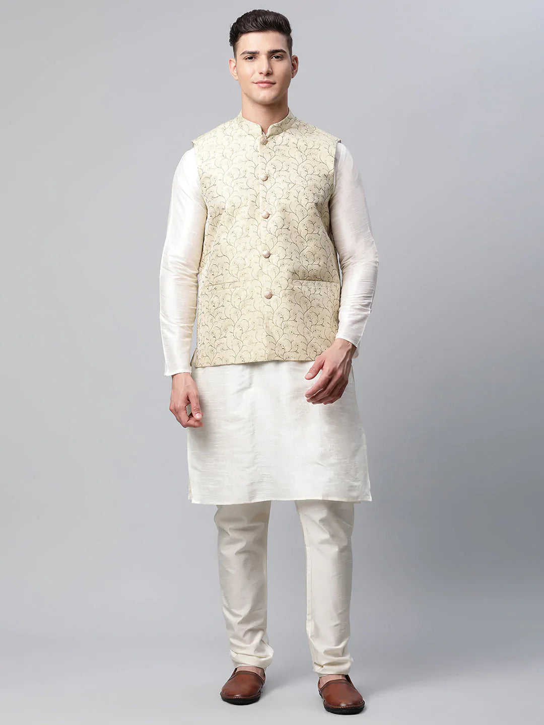 Jompers Men's Dupion Silk Kurta Pyjama With Beige Printed Nehru Jacket - Distacart