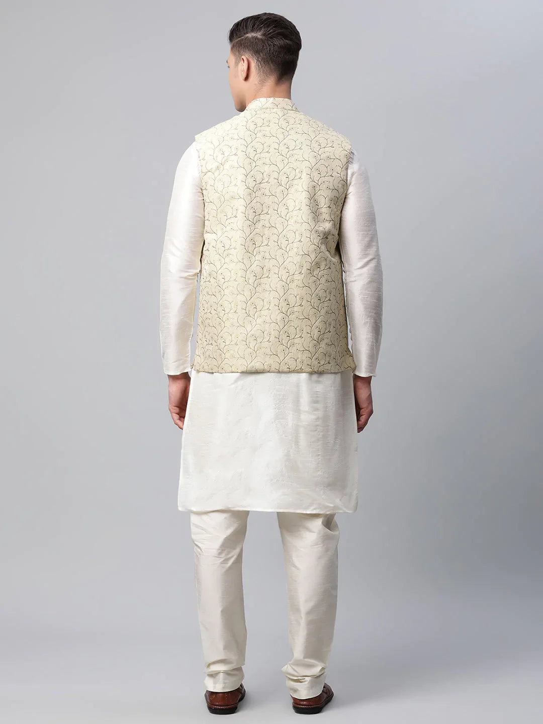 Jompers Men's Dupion Silk Kurta Pyjama With Beige Printed Nehru Jacket - Distacart