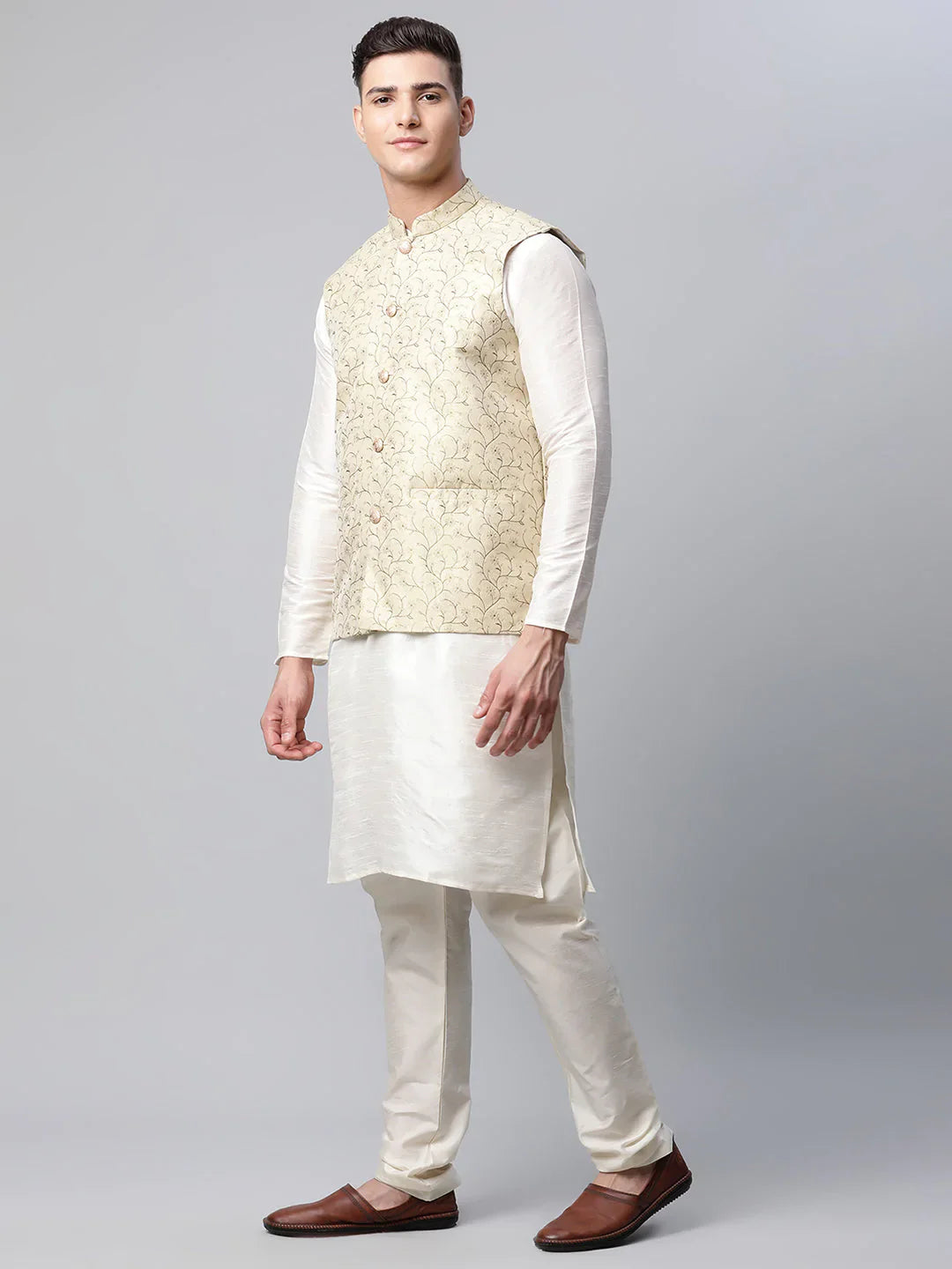 Jompers Men's Dupion Silk Kurta Pyjama With Beige Printed Nehru Jacket - Distacart
