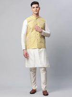 Thumbnail for Jompers Men's Dupion Silk Kurta Pyjama With Lemon Printed Nehru Jacket - Distacart