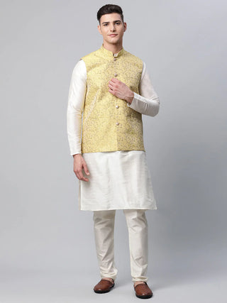 Jompers Men's Dupion Silk Kurta Pyjama With Lemon Printed Nehru Jacket - Distacart