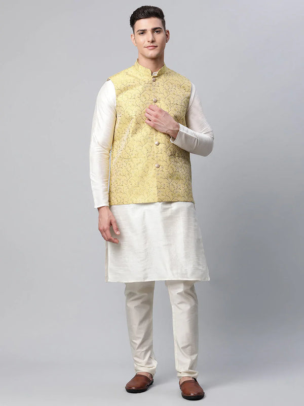 Jompers Men's Dupion Silk Kurta Pyjama With Lemon Printed Nehru Jacket - Distacart
