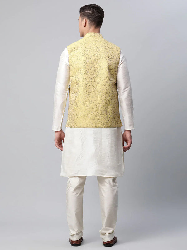 Jompers Men's Dupion Silk Kurta Pyjama With Lemon Printed Nehru Jacket - Distacart