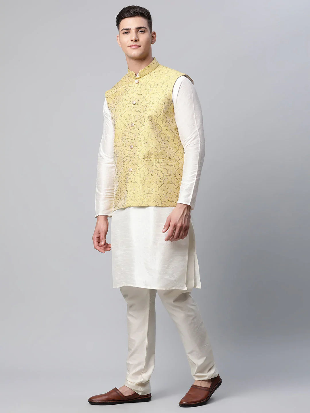 Jompers Men's Dupion Silk Kurta Pyjama With Lemon Printed Nehru Jacket - Distacart