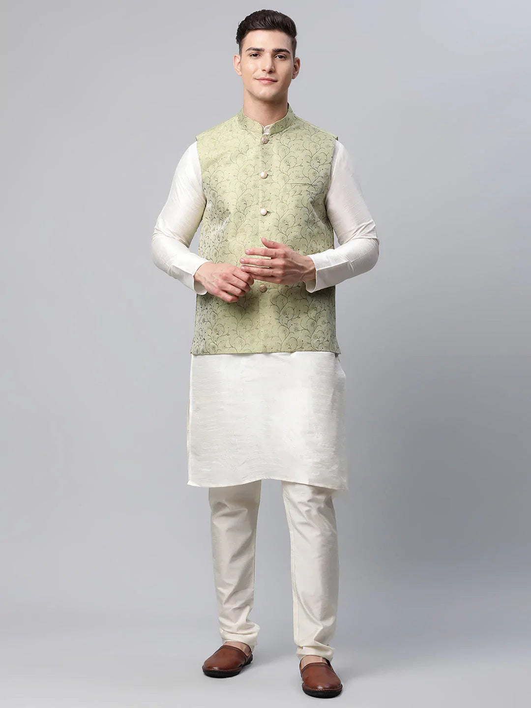 Jompers Men's Dupion Silk Kurta Pyjama With Pista Green Printed Nehru Jacket - Distacart