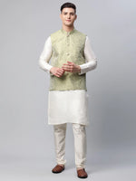 Thumbnail for Jompers Men's Dupion Silk Kurta Pyjama With Pista Green Printed Nehru Jacket - Distacart