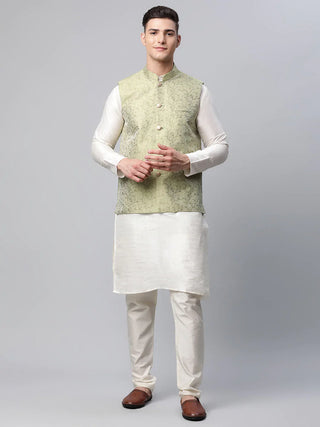 Jompers Men's Dupion Silk Kurta Pyjama With Pista Green Printed Nehru Jacket - Distacart