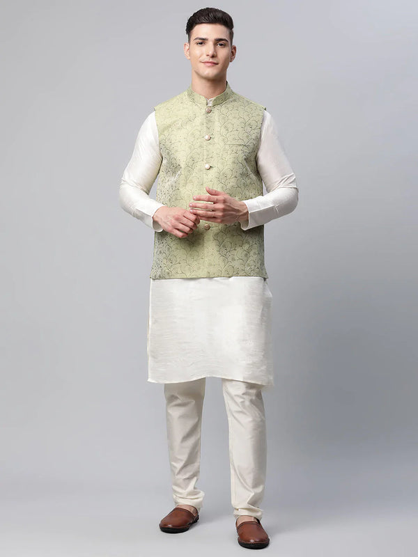 Jompers Men's Dupion Silk Kurta Pyjama With Pista Green Printed Nehru Jacket - Distacart
