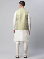 Thumbnail for Jompers Men's Dupion Silk Kurta Pyjama With Pista Green Printed Nehru Jacket - Distacart