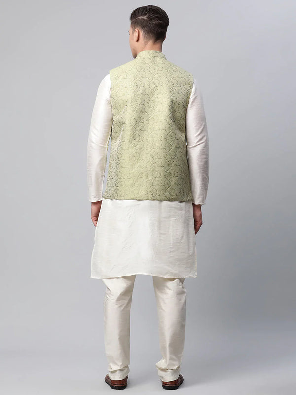 Jompers Men's Dupion Silk Kurta Pyjama With Pista Green Printed Nehru Jacket - Distacart