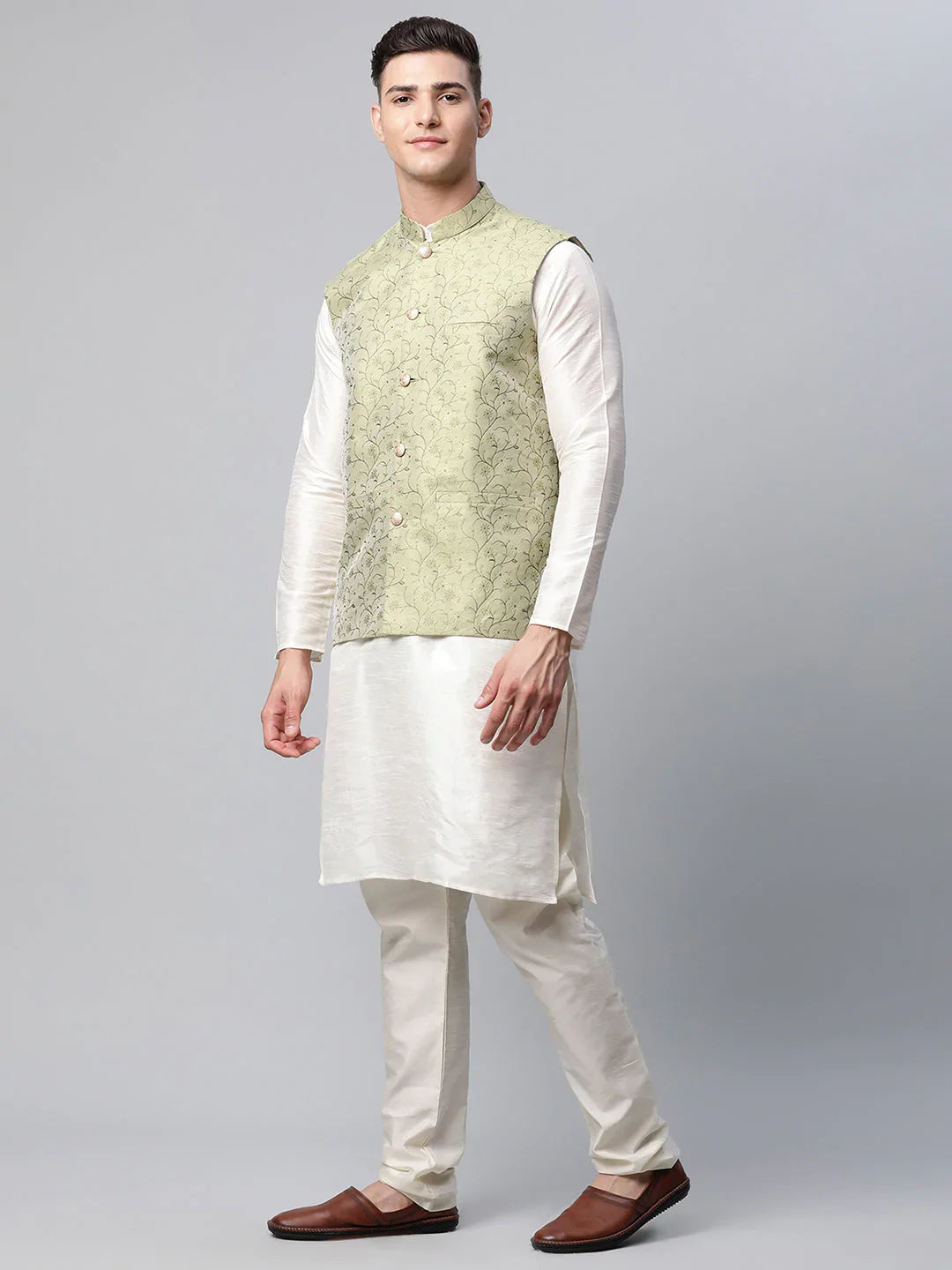 Jompers Men's Dupion Silk Kurta Pyjama With Pista Green Printed Nehru Jacket - Distacart