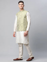 Thumbnail for Jompers Men's Dupion Silk Kurta Pyjama With Pista Green Printed Nehru Jacket - Distacart