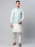Thumbnail for Jompers Men's Dupion Silk Kurta Pyjama With Sky Blue Printed Nehru Jacket - Distacart