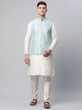 Jompers Men's Dupion Silk Kurta Pyjama With Sky Blue Printed Nehru Jacket - Distacart