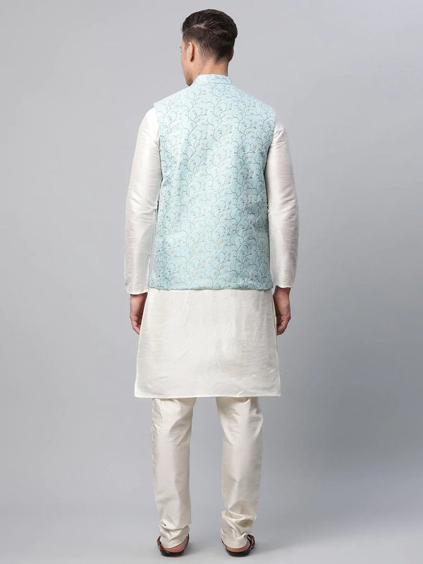 Jompers Men's Dupion Silk Kurta Pyjama With Sky Blue Printed Nehru Jacket - Distacart