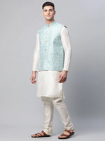 Thumbnail for Jompers Men's Dupion Silk Kurta Pyjama With Sky Blue Printed Nehru Jacket - Distacart