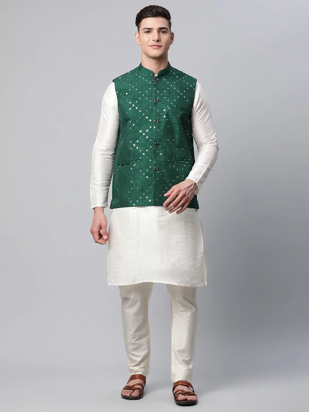 Jompers Men's Dupion Silk Kurta Pyjama With Green Mirror Work Nehru Jacket - Distacart