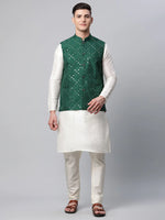 Thumbnail for Jompers Men's Dupion Silk Kurta Pyjama With Green Mirror Work Nehru Jacket - Distacart