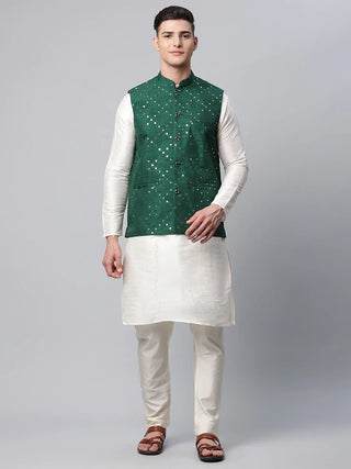 Jompers Men's Dupion Silk Kurta Pyjama With Green Mirror Work Nehru Jacket - Distacart