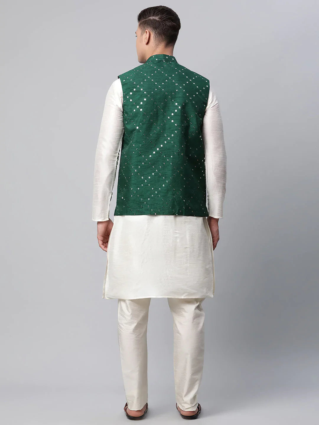 Jompers Men's Dupion Silk Kurta Pyjama With Green Mirror Work Nehru Jacket - Distacart