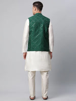 Thumbnail for Jompers Men's Dupion Silk Kurta Pyjama With Green Mirror Work Nehru Jacket - Distacart