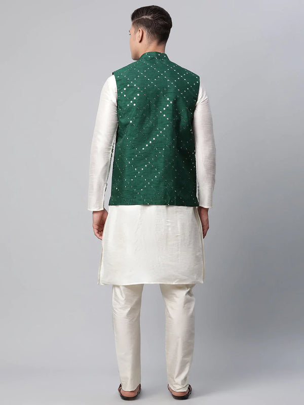 Jompers Men's Dupion Silk Kurta Pyjama With Green Mirror Work Nehru Jacket - Distacart