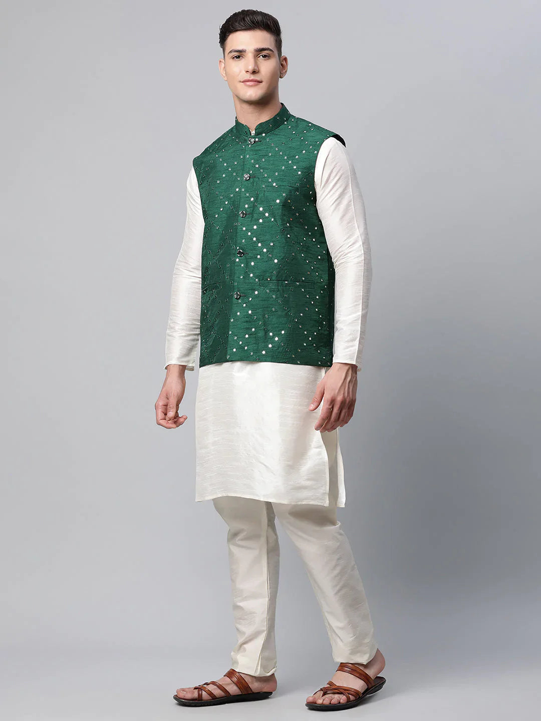 Jompers Men's Dupion Silk Kurta Pyjama With Green Mirror Work Nehru Jacket - Distacart