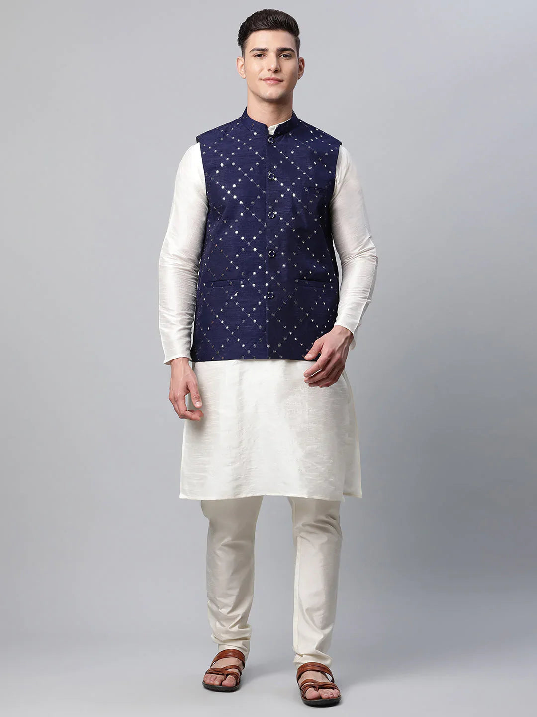 Jompers Men's Dupion Silk Kurta Pyjama With Navy Mirror Work Nehru Jacket - Distacart