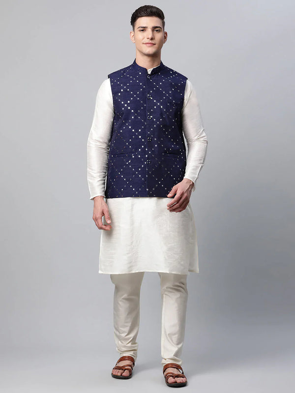 Jompers Men's Dupion Silk Kurta Pyjama With Navy Mirror Work Nehru Jacket - Distacart