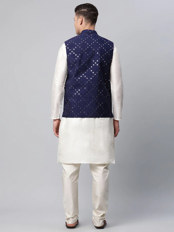 Jompers Men's Dupion Silk Kurta Pyjama With Navy Mirror Work Nehru Jacket - Distacart