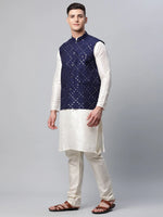 Thumbnail for Jompers Men's Dupion Silk Kurta Pyjama With Navy Mirror Work Nehru Jacket - Distacart