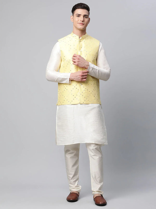 Jompers Men's Dupion Silk Kurta Pyjama With Yellow Mirror Work Nehru Jacket - Distacart