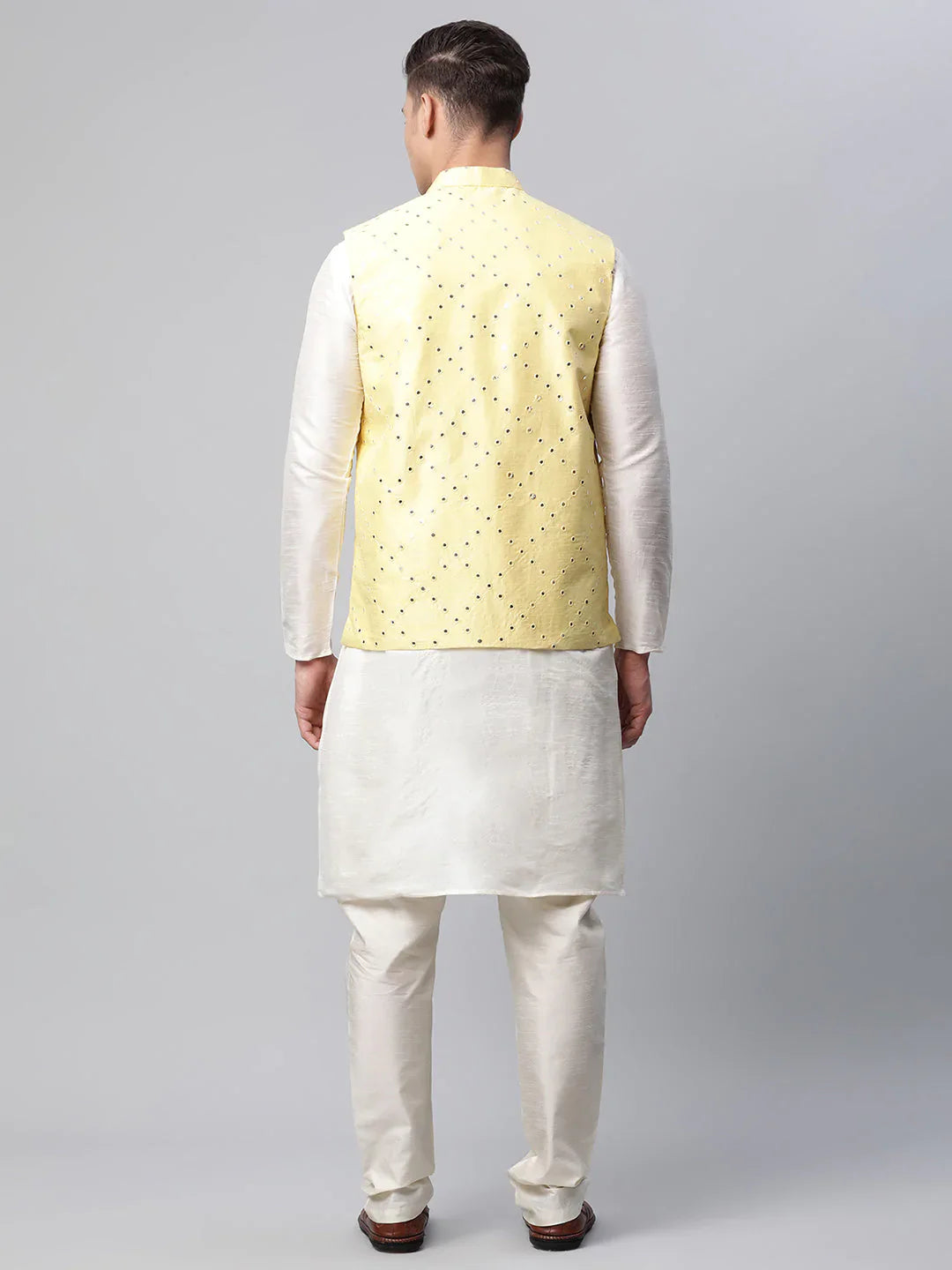 Jompers Men's Dupion Silk Kurta Pyjama With Yellow Mirror Work Nehru Jacket - Distacart