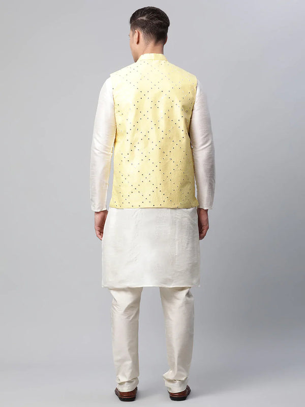 Jompers Men's Dupion Silk Kurta Pyjama With Yellow Mirror Work Nehru Jacket - Distacart