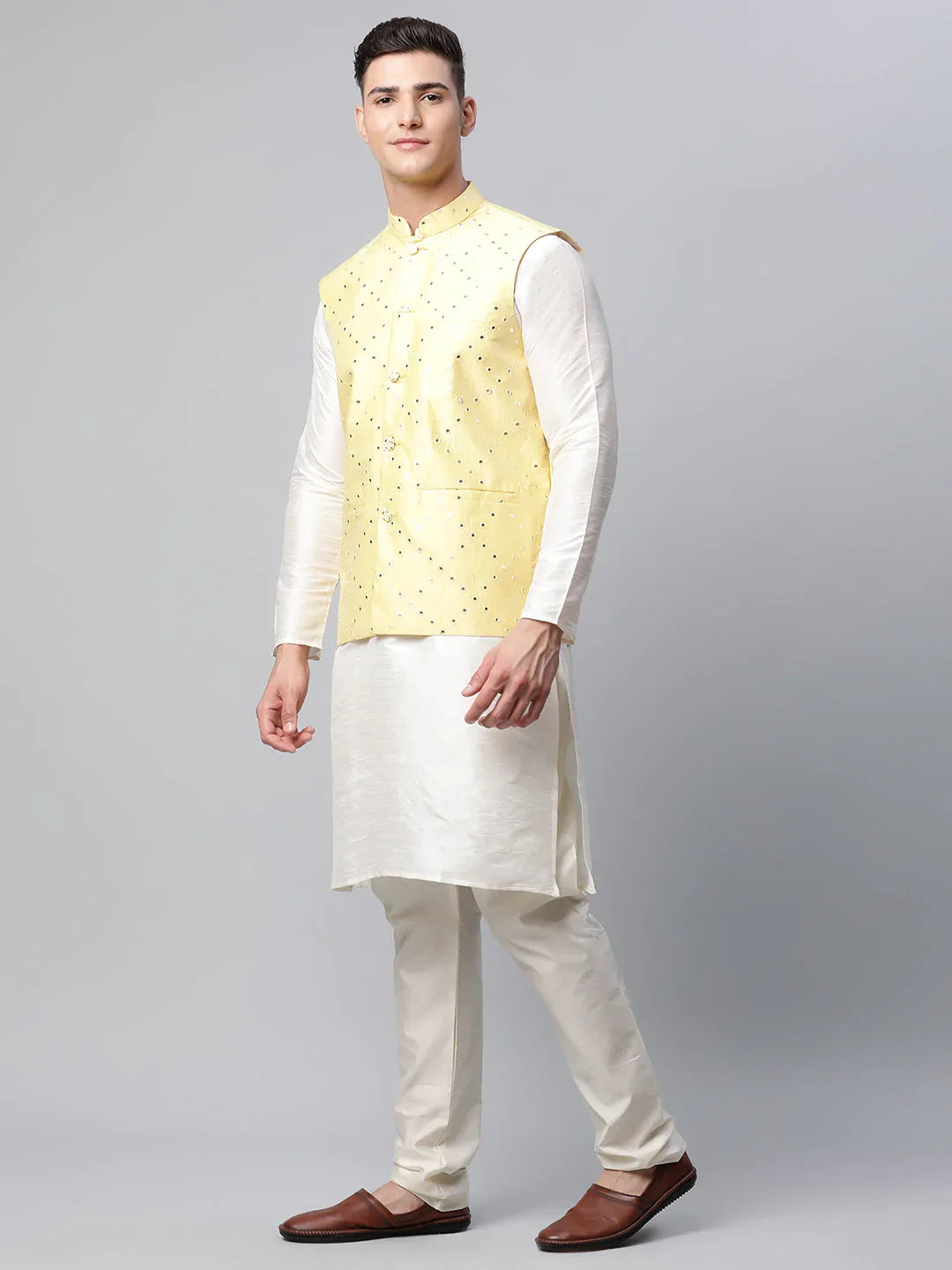 Jompers Men's Dupion Silk Kurta Pyjama With Yellow Mirror Work Nehru Jacket - Distacart