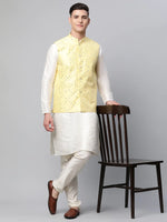 Thumbnail for Jompers Men's Dupion Silk Kurta Pyjama With Yellow Mirror Work Nehru Jacket - Distacart