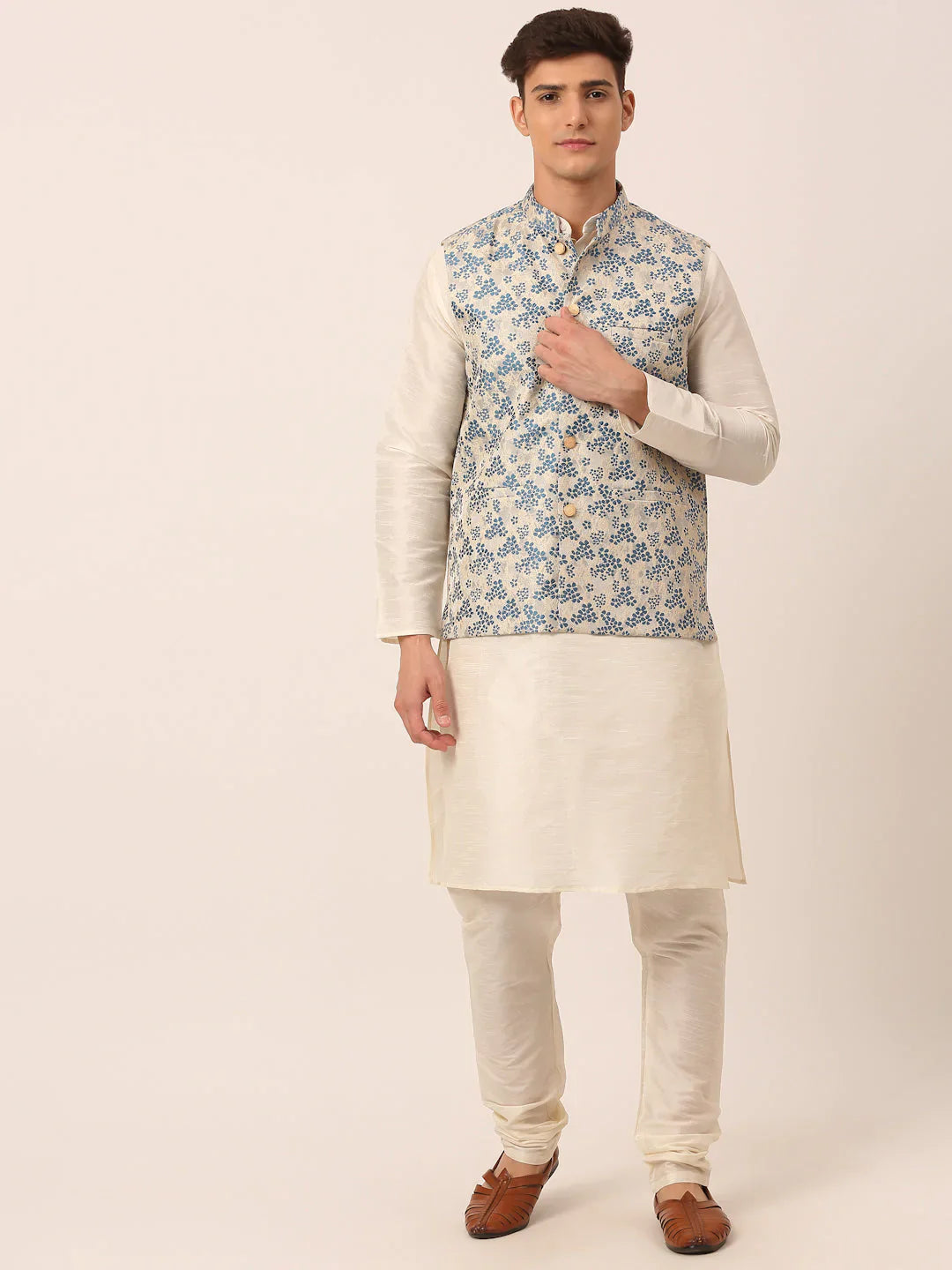 Jompers Men's Solid Kurta Pyjama With Blue Floral Embroidered Nehru Jacket - Distacart